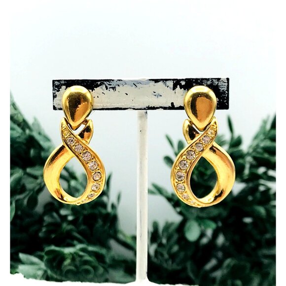 Vintage Style Gold-Tone Infinity Loop Crystal Earrings With Stud Backing & Clear - Picture 8 of 8